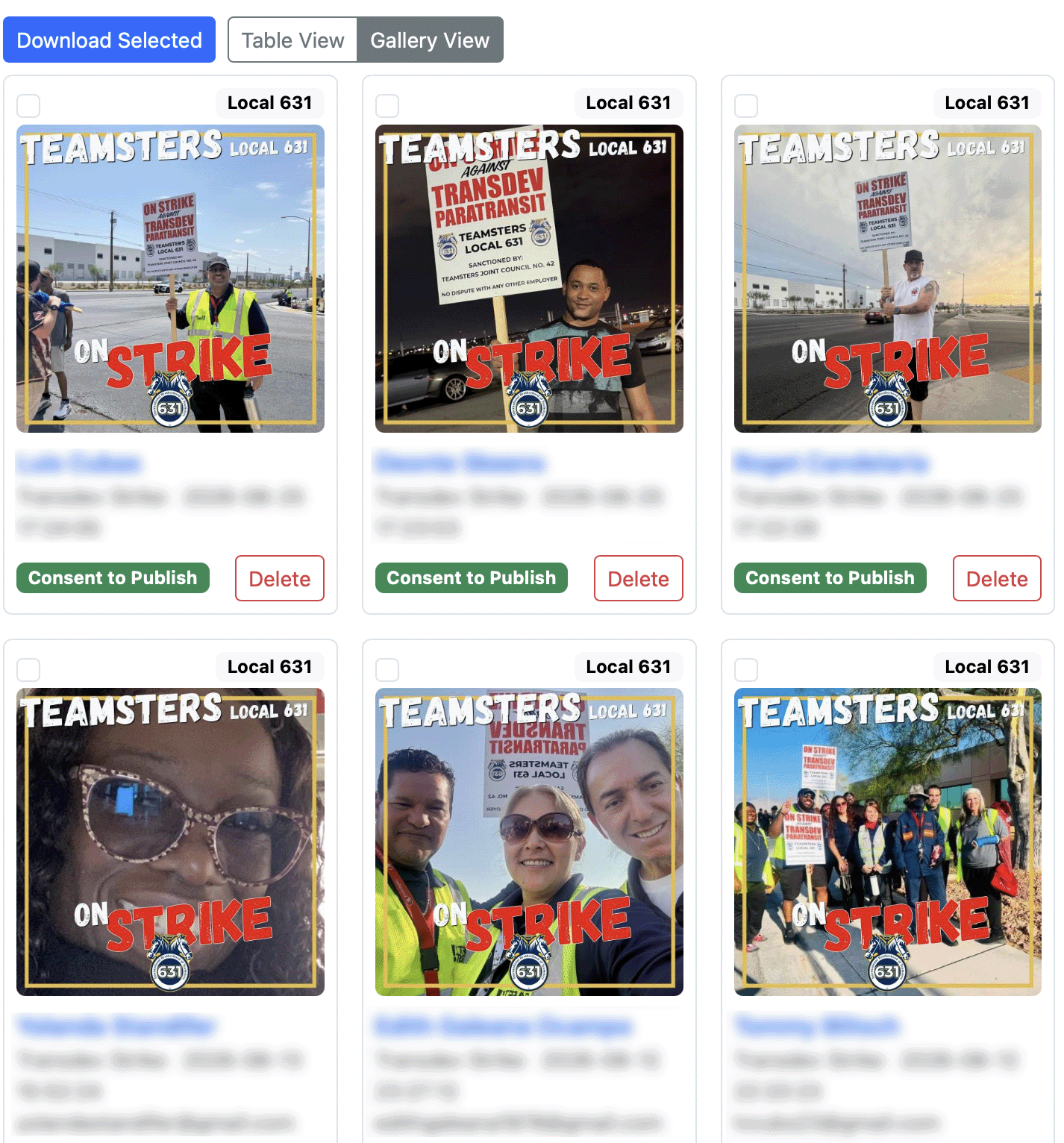 The submissions screen listing member photos with names and consent status